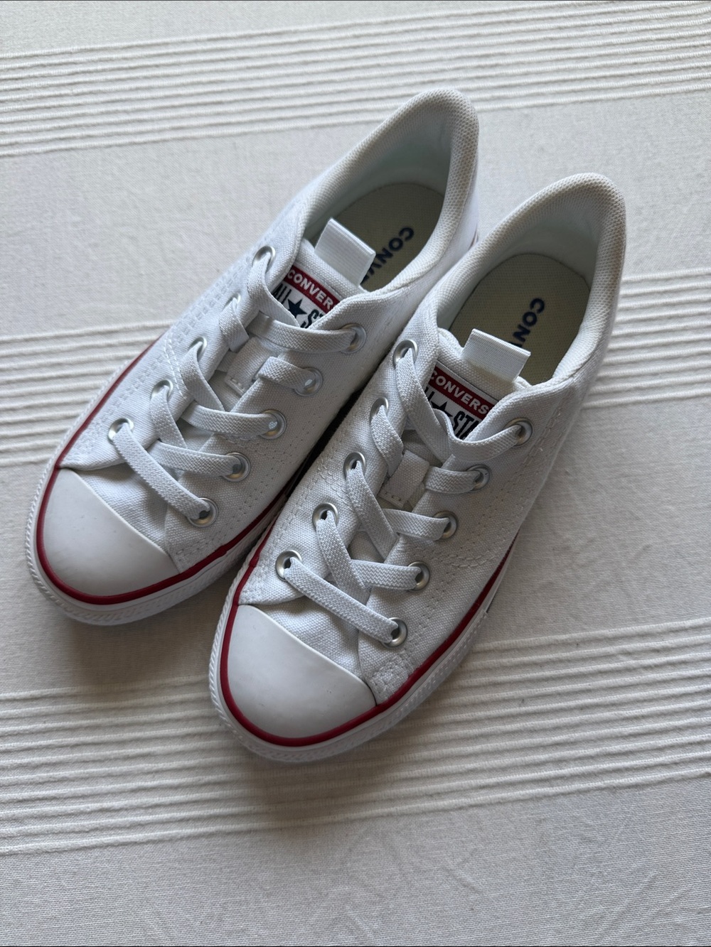 Converse White Low-Top Sneakers with Red Stripe